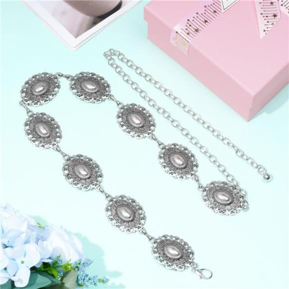 Western Concho Chain Belt Metal Waist Belt for Dresses Jeans Cowgirl Outfit - Picture 4 of 7